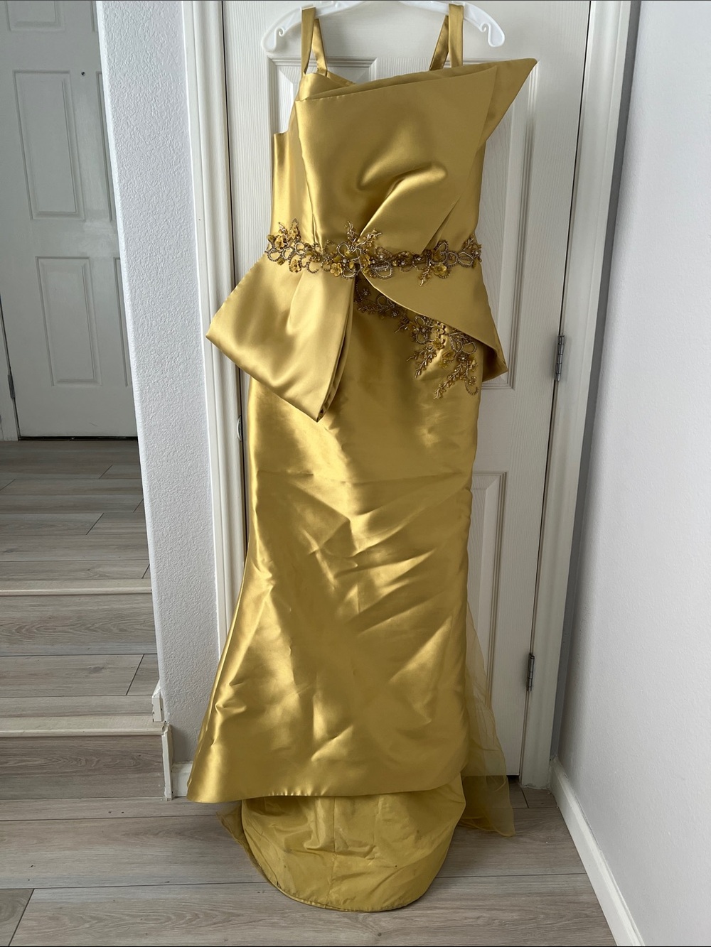 Gold Satin Embellished Evening Dress
